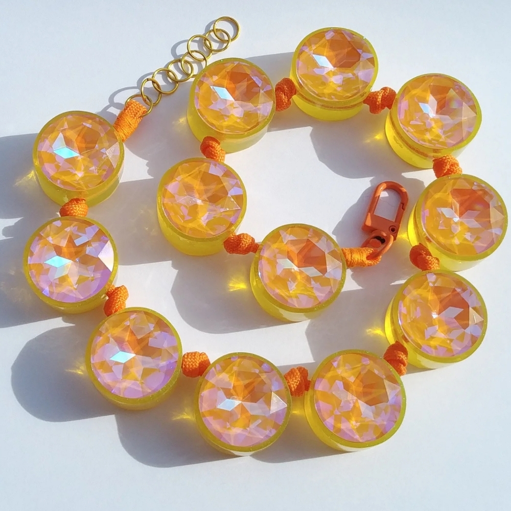 Handmade Crystal Necklace Iridescent Yellow Orange Neon Mixed Media